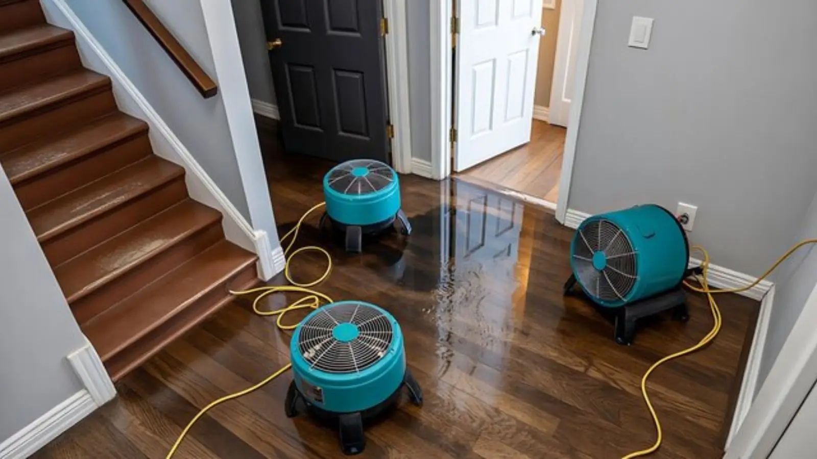 Two teal air movers drying a wet hardwood floor at the bottom of a staircase